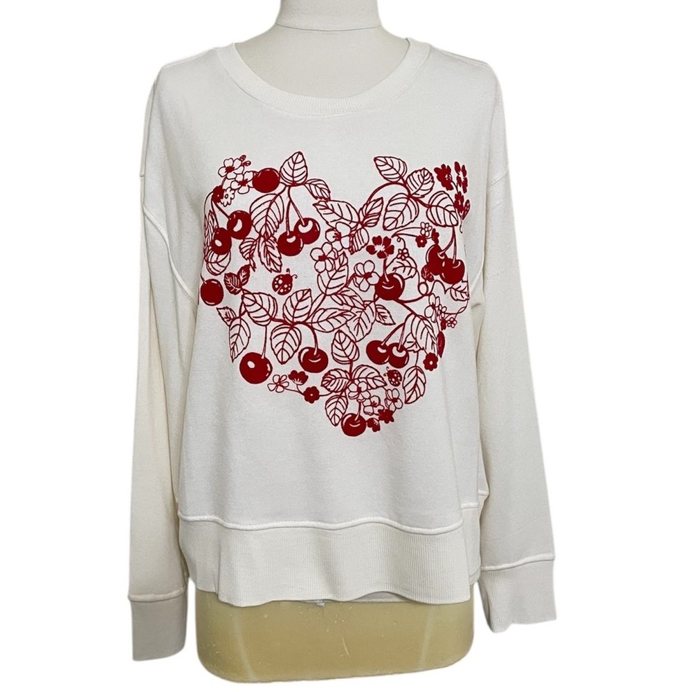 New Adorable Flocked Red Cherry Heart Sweatshirt Medium